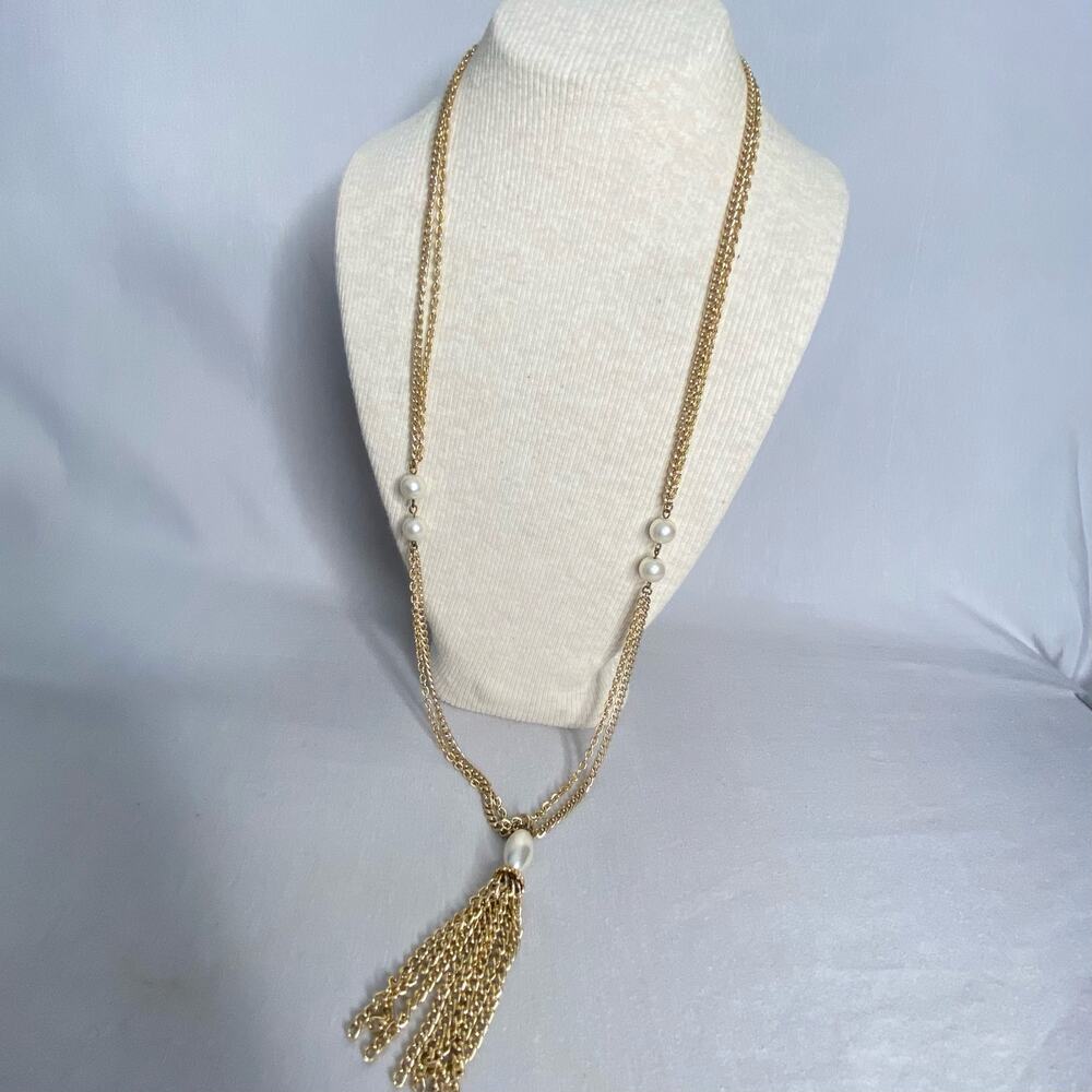 💎Gold Tone Twisted Cable Chain Necklace Two Strands Station Pearly Beads Tassle